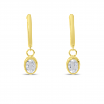 14K Yellow Gold Oval White Topaz Dangle Birthstone Huggie Earrings