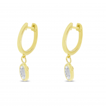 14K Yellow Gold Oval White Topaz Dangle Birthstone Huggie Earrings