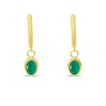 14K Yellow Gold Oval Emerald Dangle Birthstone Huggie Earrings