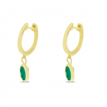 14K Yellow Gold Oval Emerald Dangle Birthstone Huggie Earrings