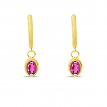 14K Yellow Gold Oval Pink Tourmaline Dangle Birthstone Huggie Earrings