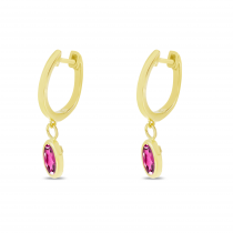 14K Yellow Gold Oval Pink Tourmaline Dangle Birthstone Huggie Earrings