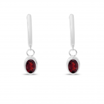 14K White Gold Oval Garnet Dangle Birthstone Huggie Earrings