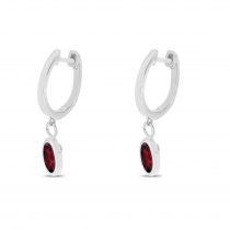 14K White Gold Oval Garnet Dangle Birthstone Huggie Earrings