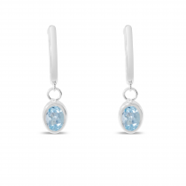 14K White Gold Oval Aquamarine Dangle Birthstone Huggie Earrings