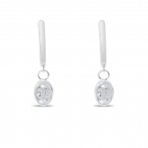 14K White Gold Oval White Topaz Dangle Birthstone Huggie Earrings