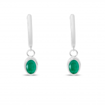 14K White Gold Oval Emerald Dangle Birthstone Huggie Earrings