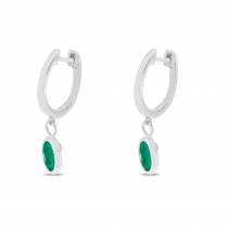 14K White Gold Oval Emerald Dangle Birthstone Huggie Earrings