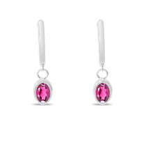 14K White Gold Oval Pink Topaz Dangle Birthstone Huggie Earrings