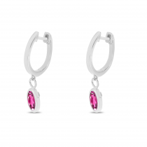 14K White Gold Oval Pink Topaz Dangle Birthstone Huggie Earrings