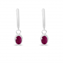 14K White Gold Oval Ruby Dangle Birthstone Huggie Earrings