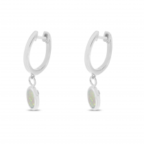 14K White Gold Oval Opal Dangle Birthstone Huggie Earrings