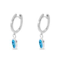 14K White Gold Oval Blue Topaz Dangle Birthstone Huggie Earrings