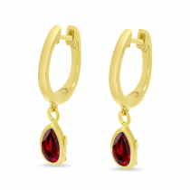 14K Yellow Gold Pear Garnet Dangle Birthstone Huggie Earrings