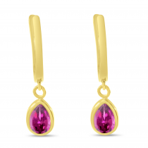 14K Yellow Gold Pear Pink Tourmaline Dangle Birthstone Huggie Earrings