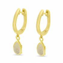 14K Yellow Gold Pear Opal Dangle Birthstone Huggie Earrings