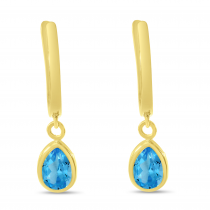 14K Yellow Gold Pear Blue Topaz Dangle Birthstone Huggie Earrings