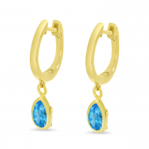 14K Yellow Gold Pear Blue Topaz Dangle Birthstone Huggie Earrings