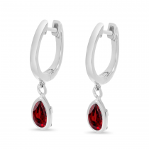 14K White Gold Pear Garnet Dangle Birthstone Huggie Earrings