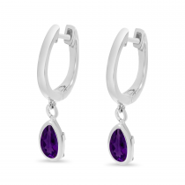 14K White Gold Pear Amethyst Dangle Birthstone Huggie Earrings