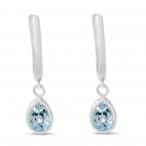 14K White Gold Pear Aquamarine Dangle Birthstone Huggie Earrings