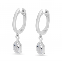 14K White Gold Pear White Topaz Dangle Birthstone Huggie Earrings