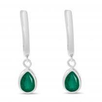 14K White Gold Pear Emerald Dangle Birthstone Huggie Earrings