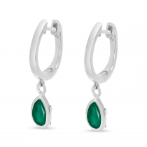 14K White Gold Pear Emerald Dangle Birthstone Huggie Earrings