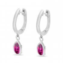 14K White Gold Pear Pink Tourmaline Dangle Birthstone Huggie Earrings