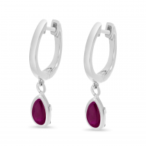 14K White Gold Pear Ruby Dangle Birthstone Huggie Earrings
