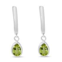 14K White Gold Pear Peridot Dangle Birthstone Huggie Earrings