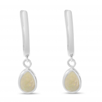 14K White Gold Pear Opal Dangle Birthstone Huggie Earrings