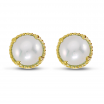 14K Yellow Gold 4mm Round Pearl Millgrain Halo Earrings