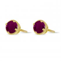 14K Yellow Gold 4mm Round Ruby Millgrain Halo Earrings