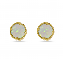 14K Yellow Gold 4mm Round Opal Millgrain Halo Earrings