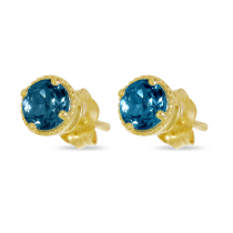 14K Yellow Gold 4mm Round Blue Topaz Millgrain Halo Birthstone Earrings