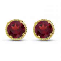 14K Yellow Gold 5mm Round Garnet Millgrain Halo Earrings