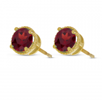 14K Yellow Gold 5mm Round Garnet Millgrain Halo Earrings