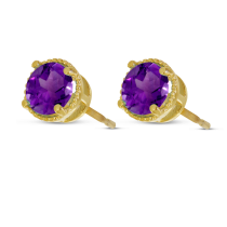 14K Yellow Gold 5mm Round Amethyst Millgrain Halo Earrings