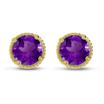14K Yellow Gold 5mm Round Amethyst Millgrain Halo Earrings