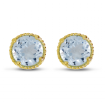 14K Yellow Gold 5mm Round Aquamarine Millgrain Halo Earrings