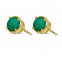 14K Yellow Gold 5mm Round Emerald Millgrain Halo Earrings