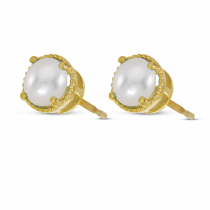 14K Yellow Gold 5mm Round Pearl Millgrain Halo Earrings