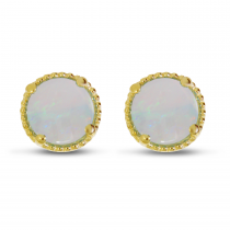 14K Yellow Gold 5mm Round Opal Millgrain Halo Earrings