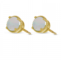 14K Yellow Gold 5mm Round Opal Millgrain Halo Earrings