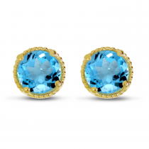 14K Yellow Gold 5mm Round Blue Topaz Millgrain Halo Earrings