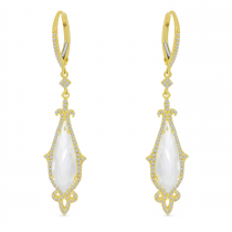 14K Yellow Gold White Topaz Pear Ornate Diamond Halo Earrings