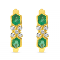 14K Yellow Gold Emerald and Diamond Millgrain Huggie
