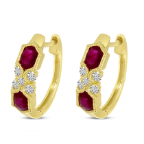 14K Yellow Gold Ruby Hexagon Millgrain Huggie Earrings