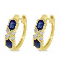 14K Yellow Gold Sapphire and Diamond Millgrain Huggie Earrings
